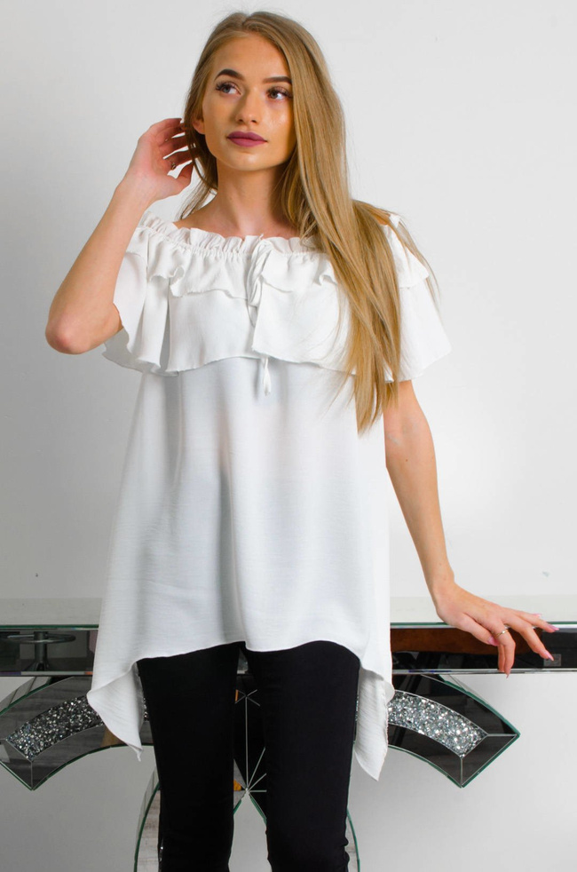 BIAŁA BLUZKA Z FALBANĄ ORAZ DŁUŻSZYMI BOKAMI