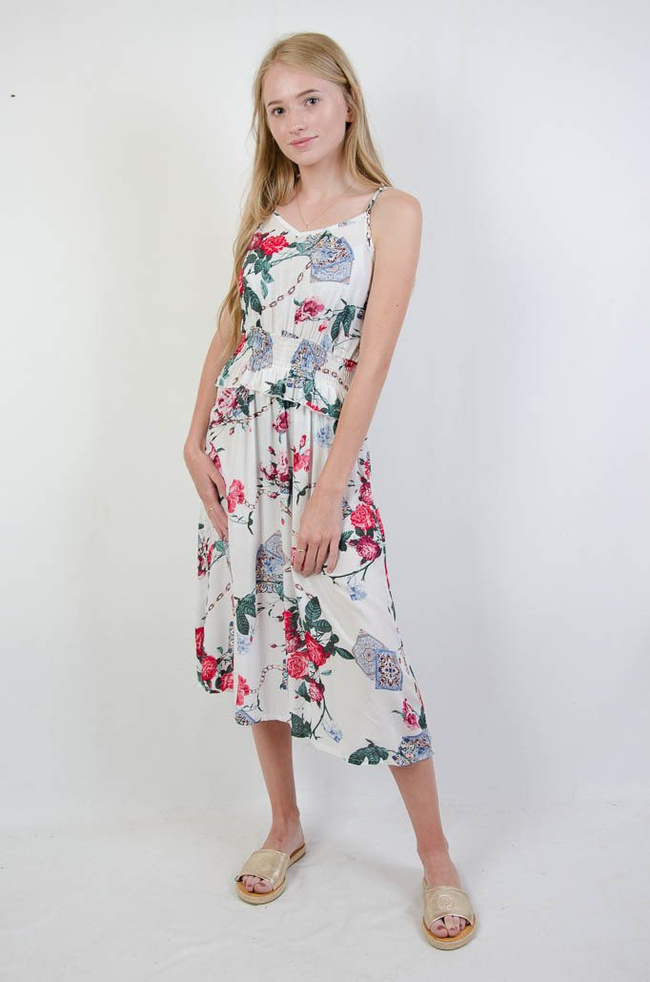 BIAŁA SUKIENKA W KWIATY Z GUMĄ W PASIE