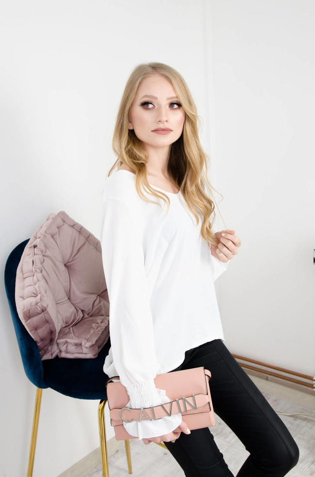 BIAŁA ELEGANCKA LEJĄCA BLUZKA Z WYCIĘCIEM NA PLECACH- KORONKĄ