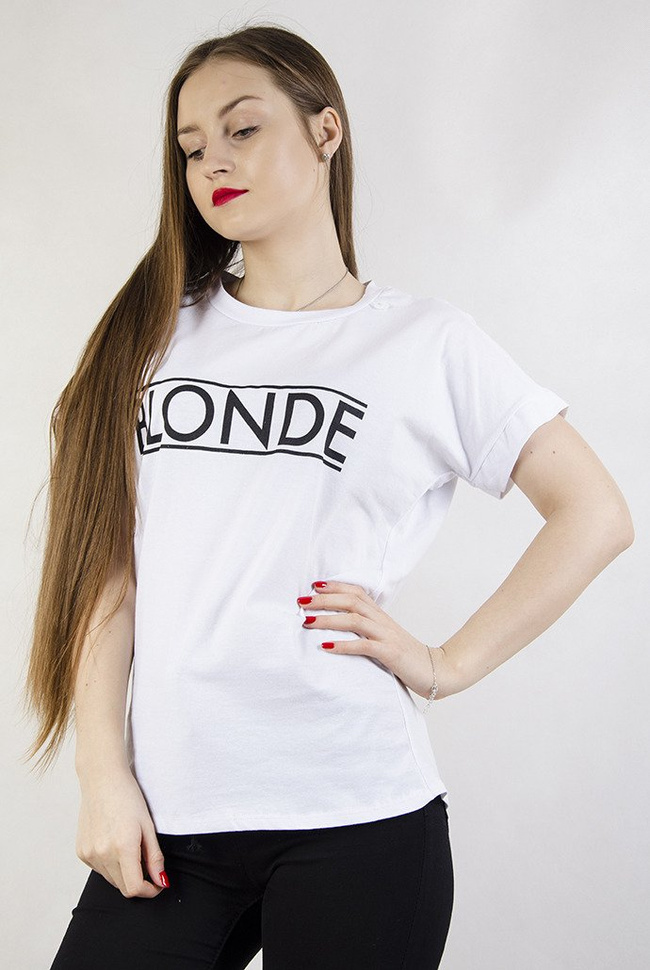 Biała bluzka z napisem " Blonde"