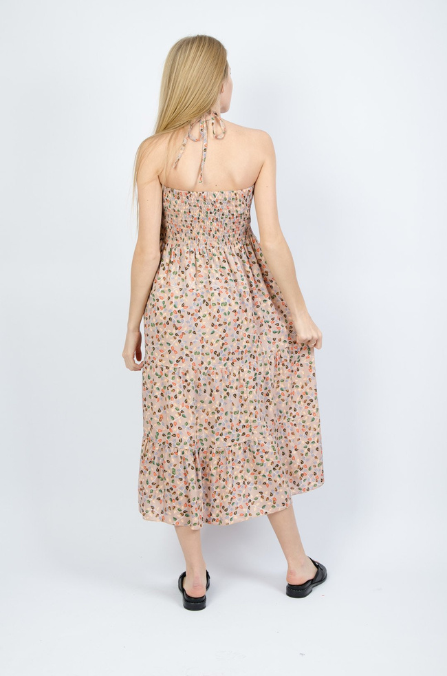 BEŻOWA SUKIENKA BEZ RĘKAWÓW WIĄZANA NA SZYI