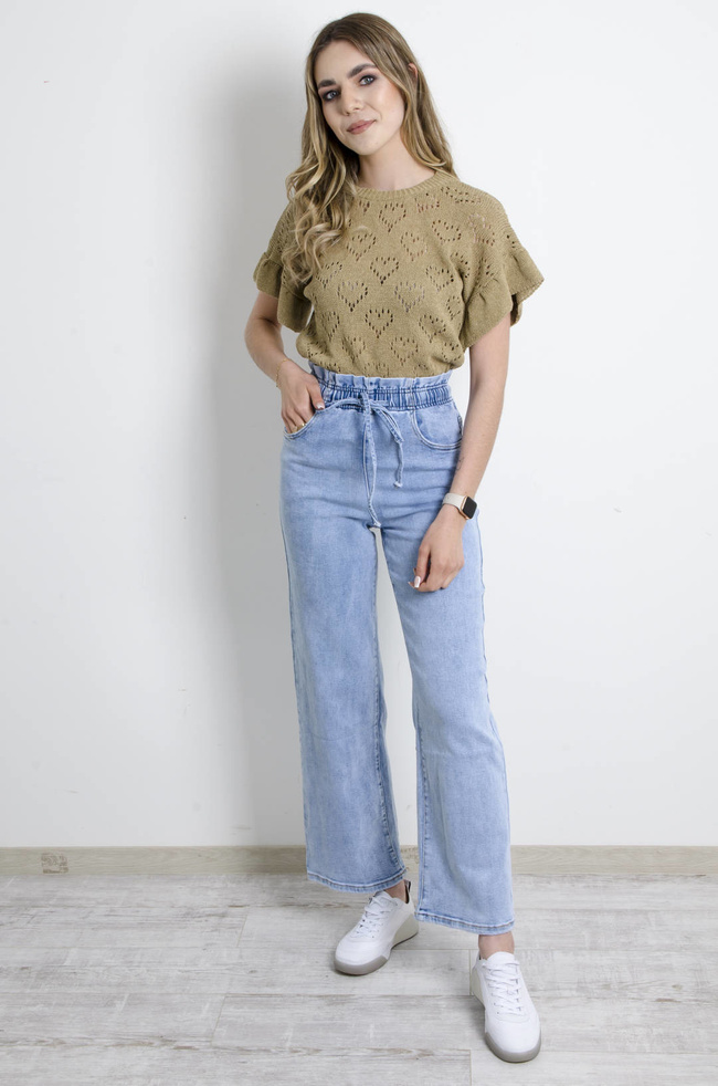 SPODNIE JEANSOWE Z GUMĄ W PASIE- SZEROKIE NOGAWKI