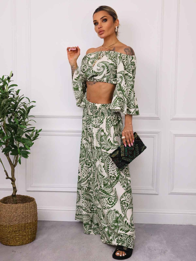 KOMPLET WZORZYSTY TOP+ SPODNIE- ZIELONY