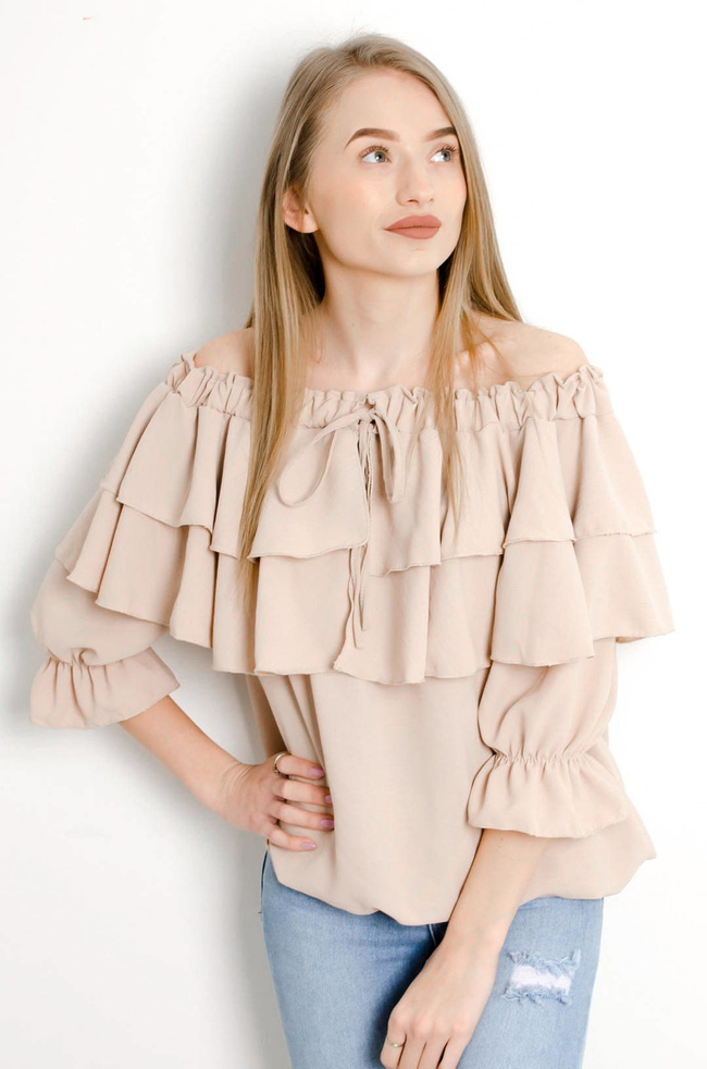 BEŻOWA BLUZKA HISZPANKA Z WIĄZANIEM W DEKOLCIE