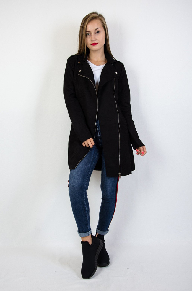 Czarny zamszowy płaszcz zapinany na zamek