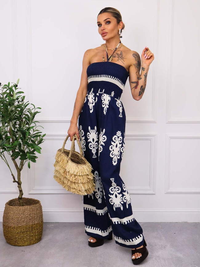 KOMBINEZON WZORZYSTY BEZ RAMIĄCZEK- GRANATOWY