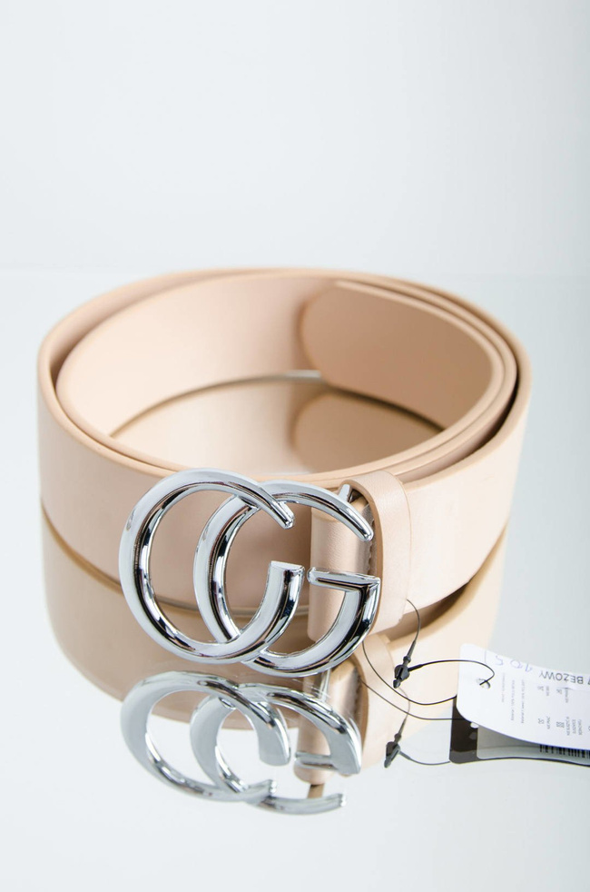 BEŻOWY SZEROKI PASEK ZE SREBRNĄ KLMARĄ CG 