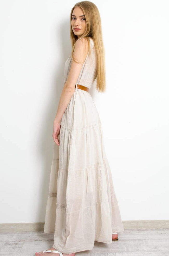 BEŻOWA SUKIENKA MAXI Z BRĄZOWYM PASKIEM-AŻUROWE WSTAWKI