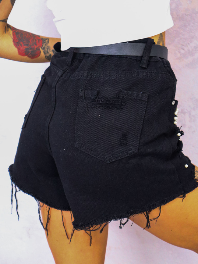 SZORTY JEANSOWE ZDOBIONE PEREŁKAMI- CZARNE
