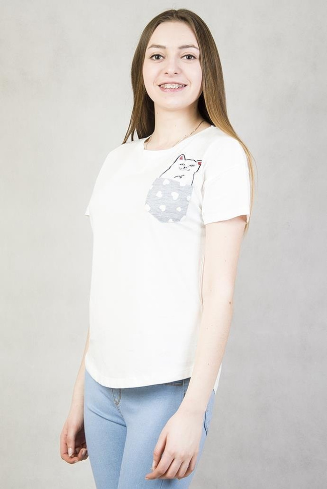Biała bluzka z kotem w kieszonce