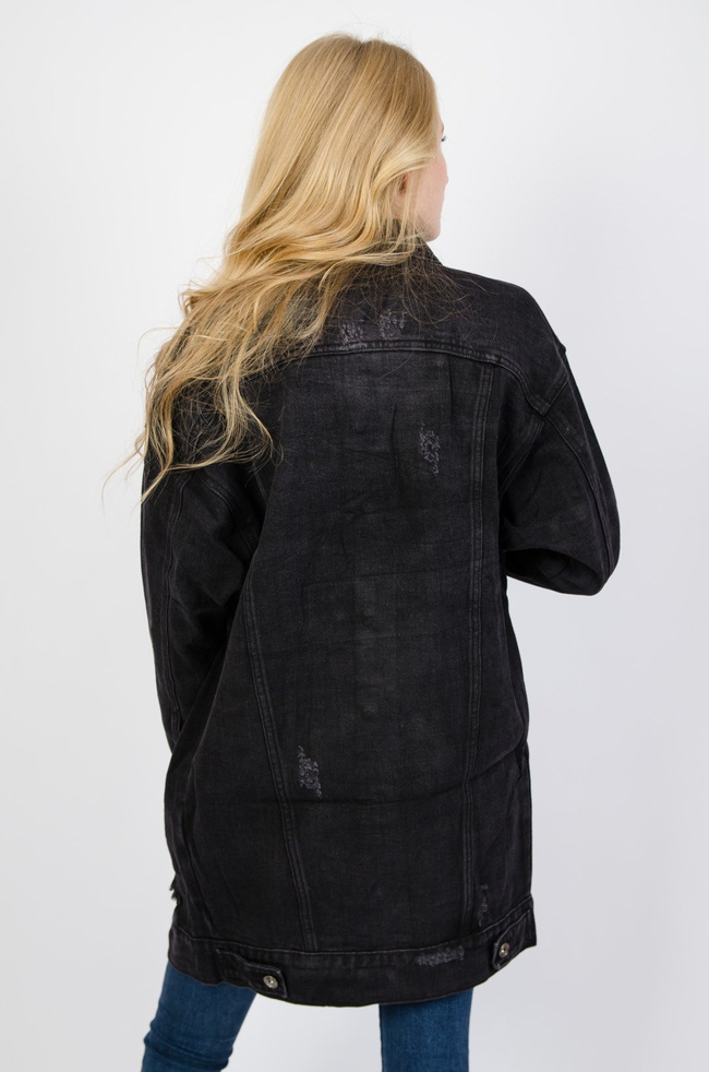 Długa czarna kurtka jeansowa z przetarciami