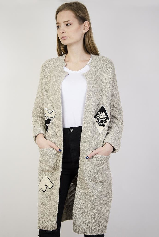 Kardigan z domieszką wełny beżowy z naszywkami