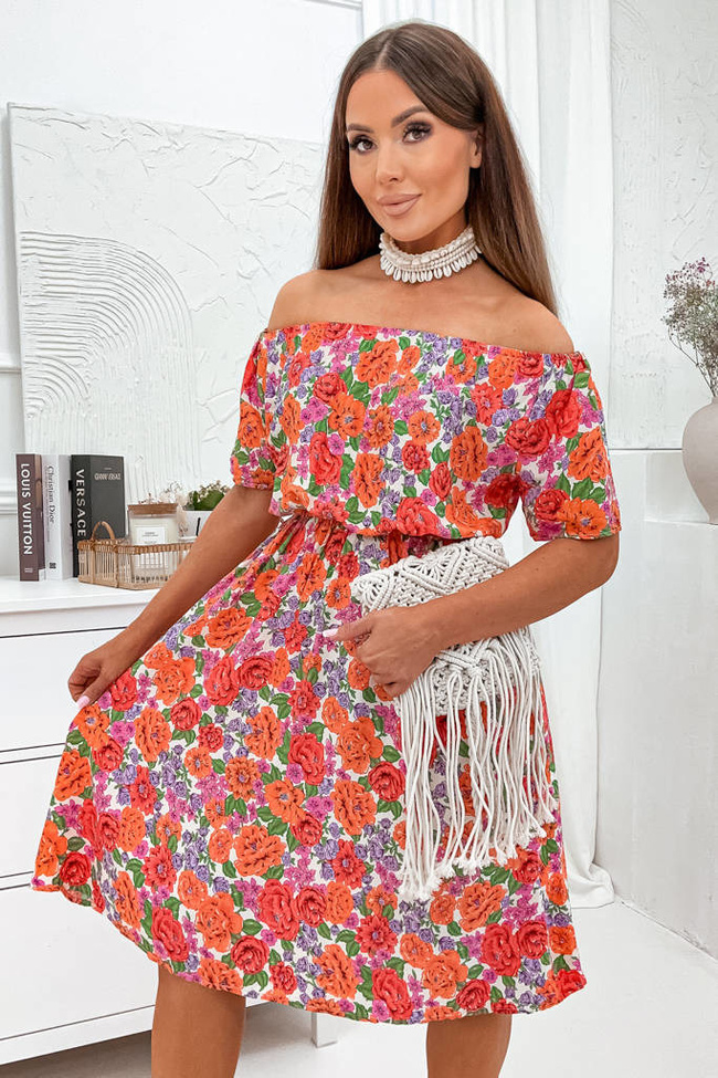 SUKIENKA W KWIATY Z GUMKĄ W PASIE- POMARAŃCZOWA