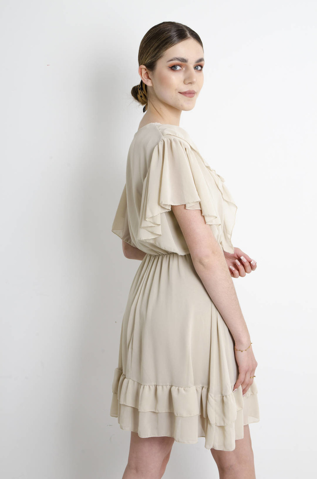 SUKIENKA SZYFONOWA Z AŻUROWYM DEKOLTEM BEŻOWA