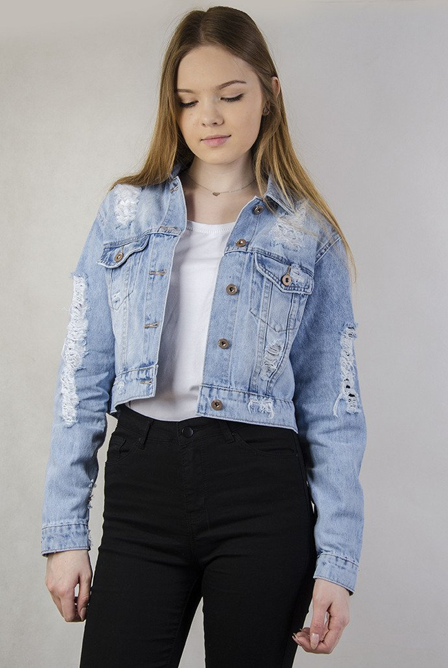 Jasna krótka kurtka jeansowa z dziurami