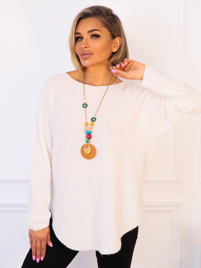 SWETER JEDNOLITY DZIANINOWY Z NASZYJNIKIEM- BIAŁY