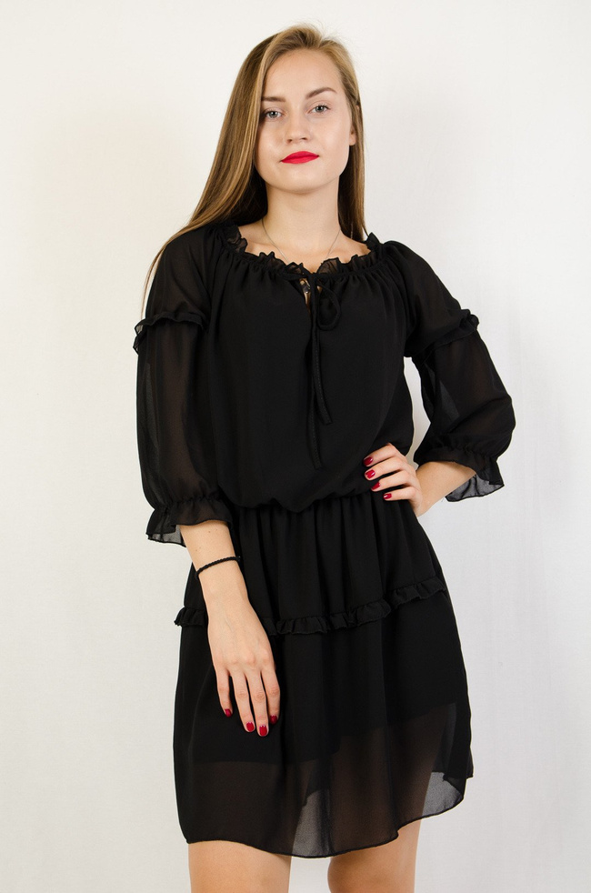 Czarna sukienka hiszpanka z wiązaniem przy dekolcie