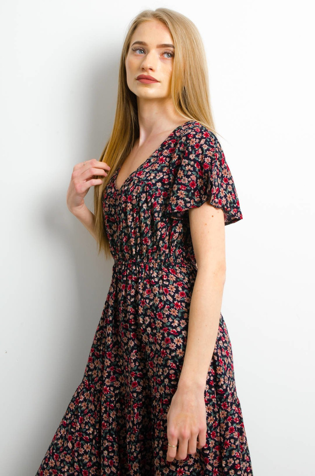 DŁUGA GRANATOWA SUKIENKA W KWIATY- DEKOLT W SEREK