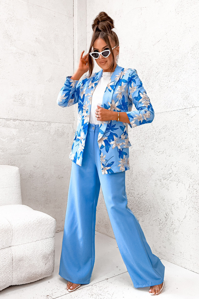 KOMPLET MARYNARKA W KWIATY + SZEROKIE SPODNIE- NIEBIESKI