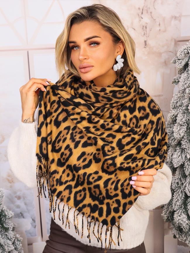 CHUSTA DZIANINOWA W PANTERKĘ- BRĄZOWA