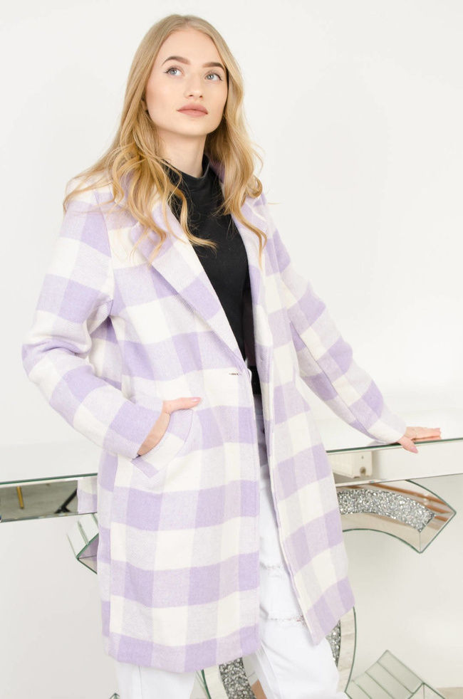 BIAŁO-FIOLETOWY PŁASZCZ W KRATĘ