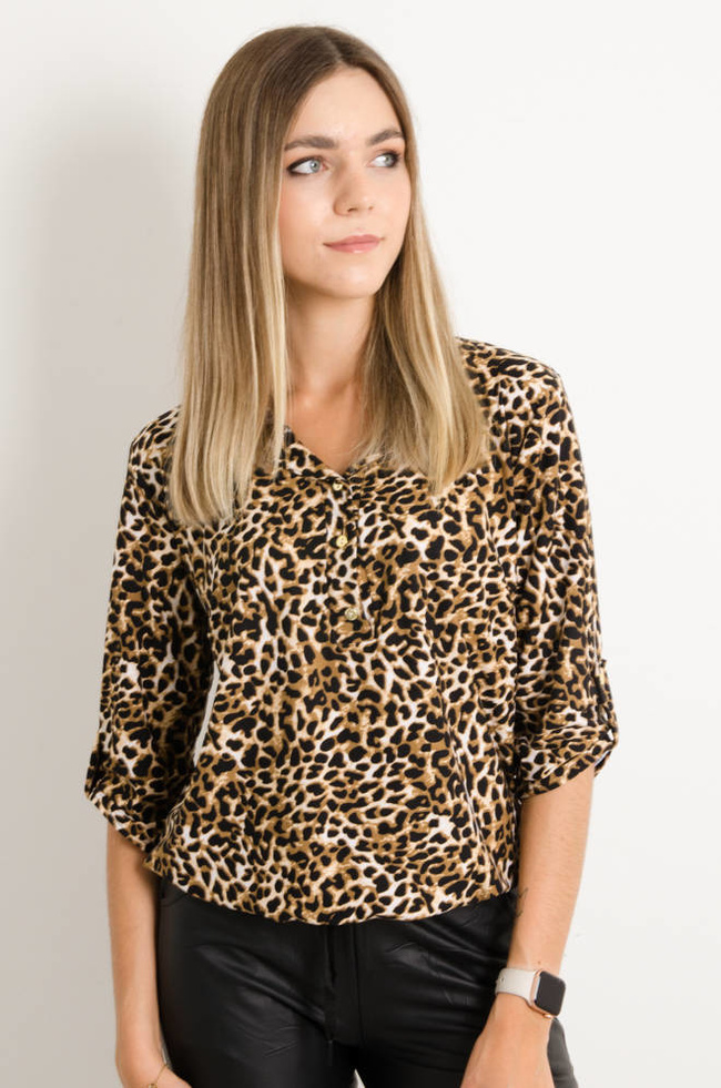 BLUZKA W PANTERKĘ Z OZDOBNYMI GUZIKAM- BEŻOWA