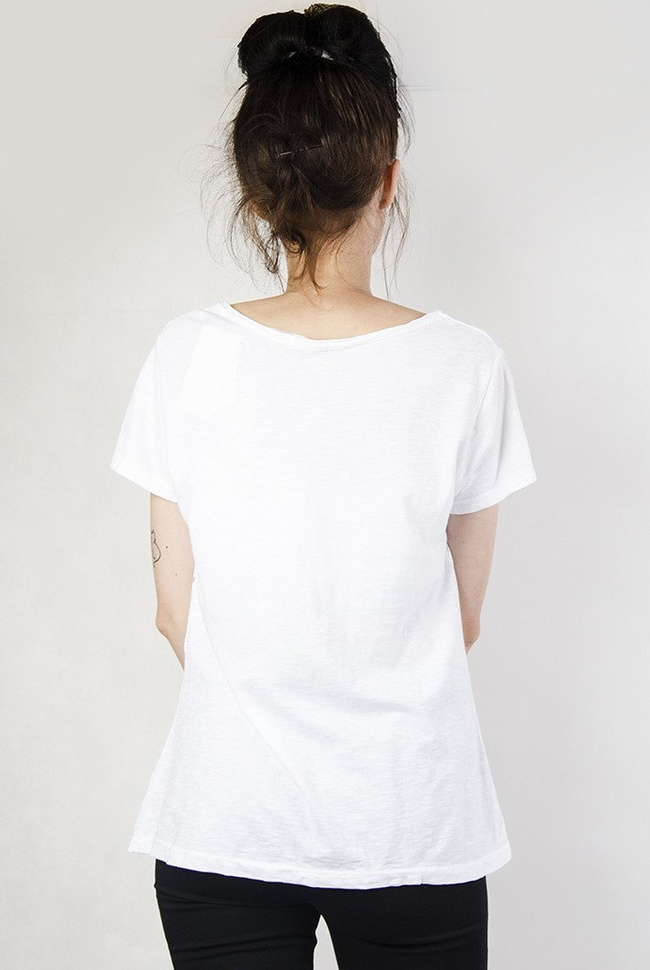 Biała bluzka w srebrne palmy, z cekinową kieszonką