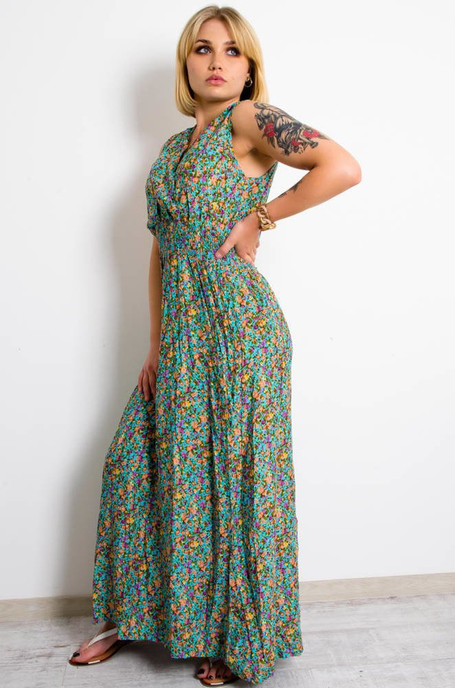 JASNO NIEBIESKA SUKIENKA MAXI W KWIATY-KOPERTOWY DEKOLT