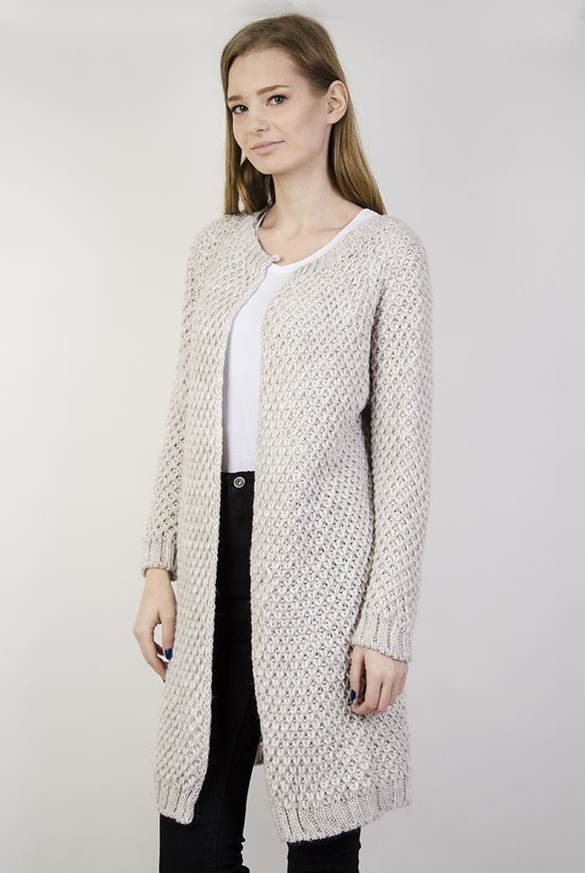 Beżowy sweter typu kardigan z dzianiny