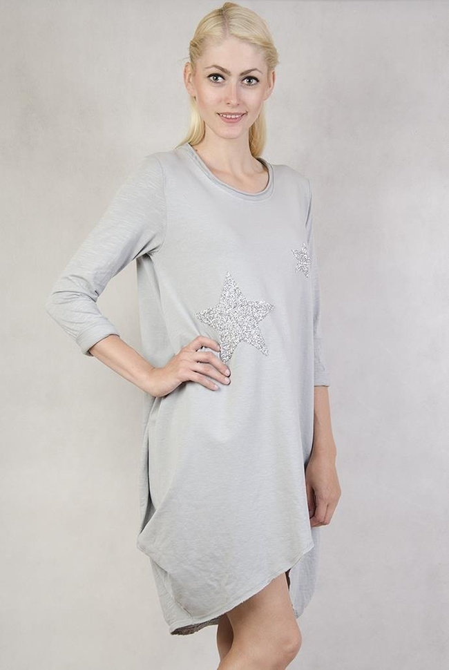 Asymetryczna tunika z gwiazdkami szara