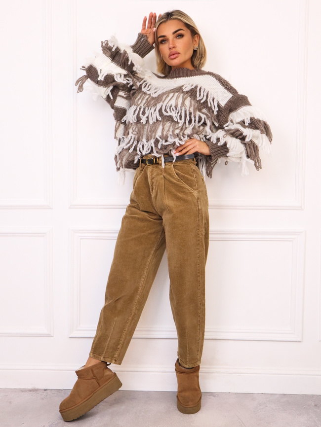 SPODNIE SZTRUKSOWE MOM FIT Z PRZESZYCIAMI NA DOLE NOGAWEK+ PASEK