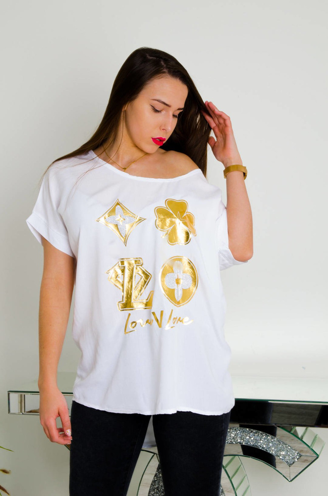 BIAŁA BLUZKA ZE ZŁOTĄ APLIKACJĄ I NAPISAMI