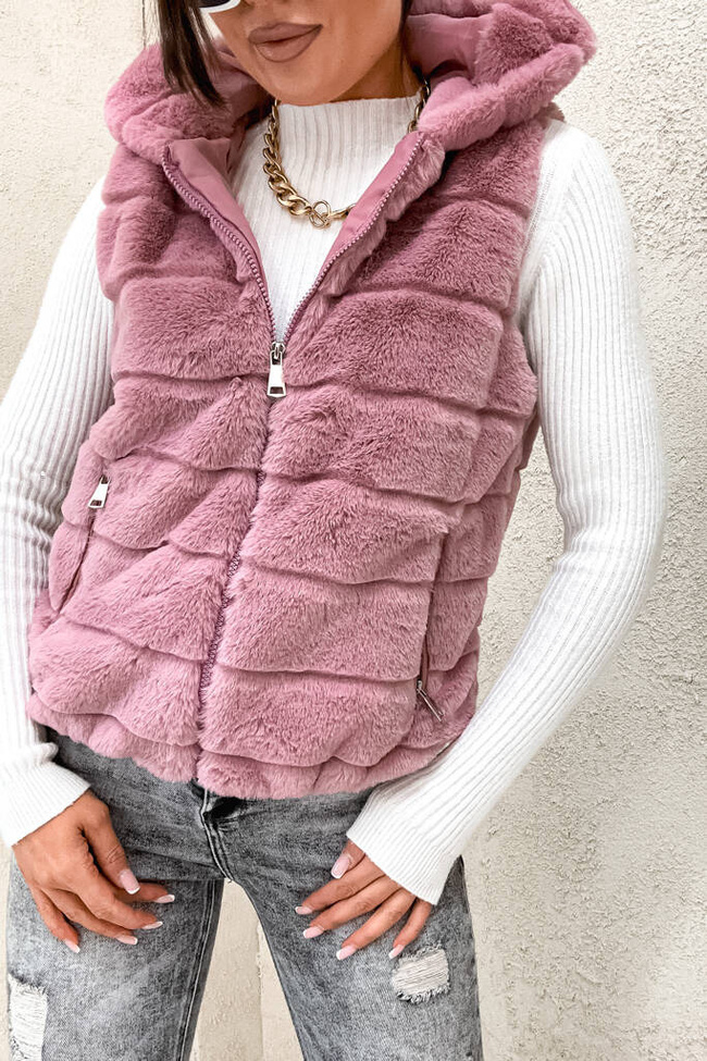 CIEMNO RÓŻOWA FUTRZANA KAMIZELKA - BEZRĘKAWNIK