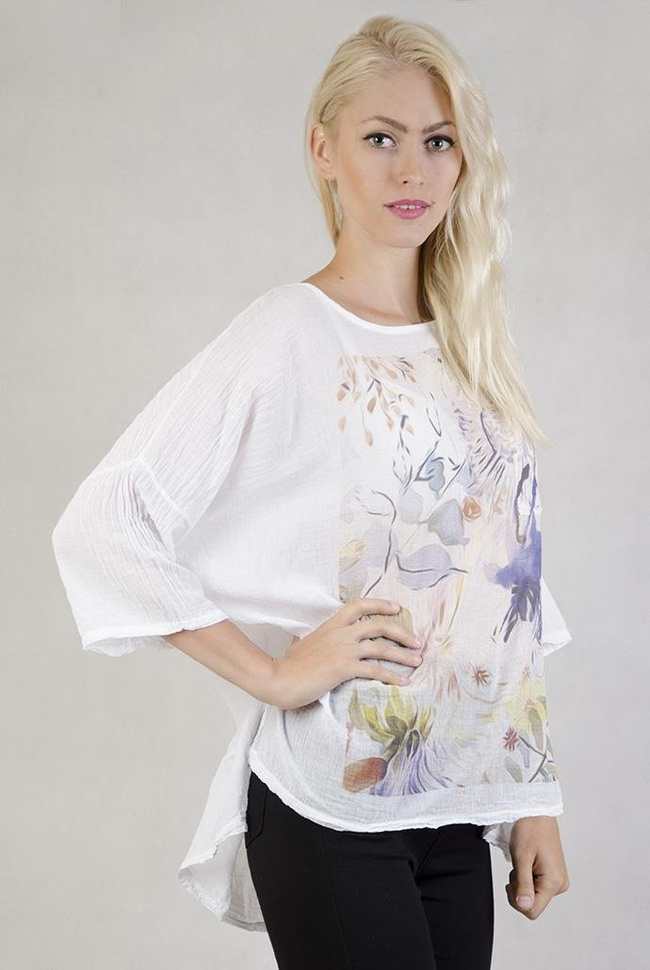 Bluzka biała z pięknym nadrukiem i przedłużanym tyłem