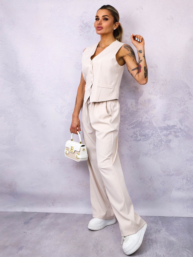 KOMPLET KAMIZELKA+ SPODNIE Z SZEROKIMI NOGAWKAMI- BEŻOWY