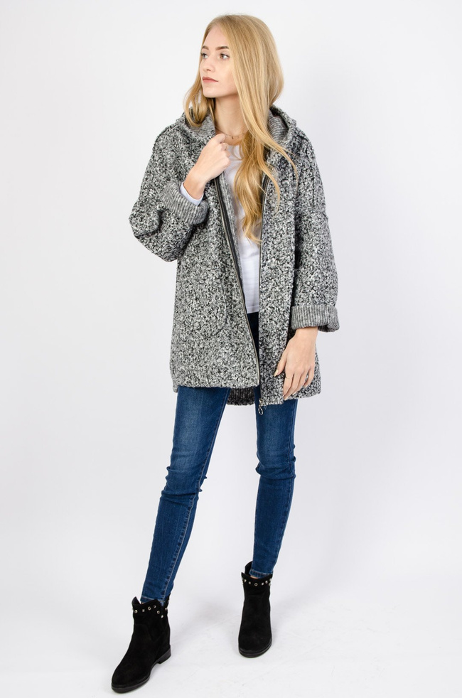 Ciemnoszary przejściowy płaszcz z asymetrycznym dołem