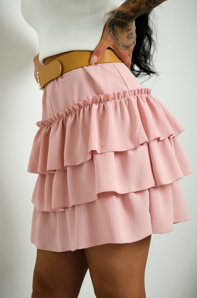 PUDROWO-RÓŻOWA SPÓDNICA MINI Z FALBANAMI