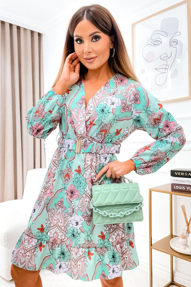 WZORZYSTA SUKIENKA Z PASKIEM- ZIELONA