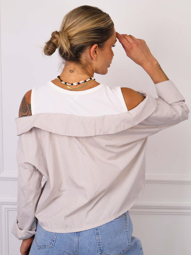 TOP Z KOSZULĄ W PASKI OVERSIZE- BEŻOWY