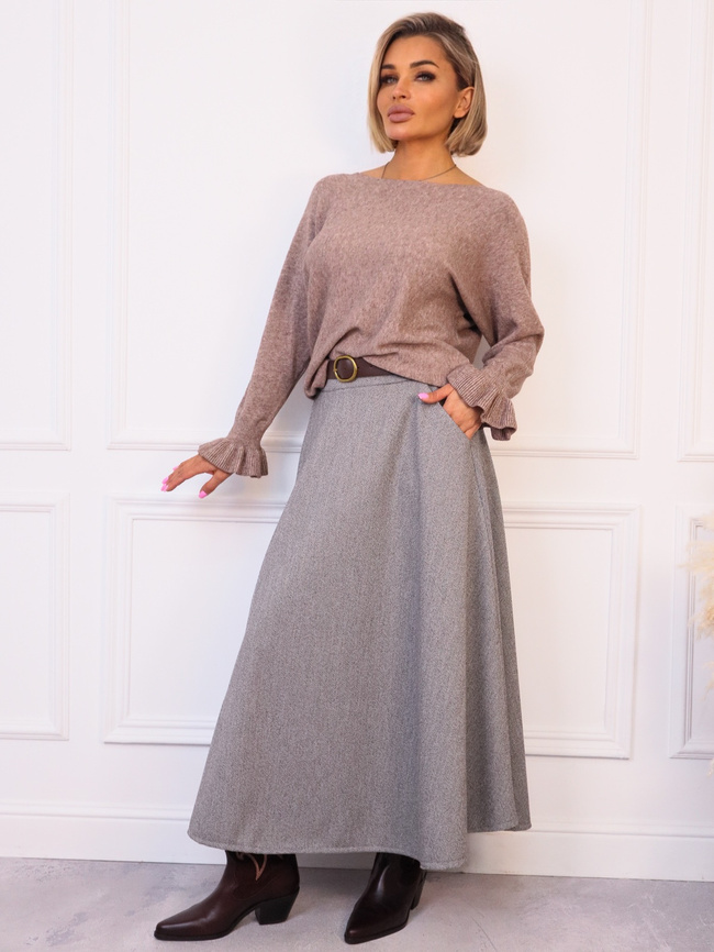 SPÓDNICA DZIANINOWA ROZKLOSZOWANA Z PASKIEM- SZARA