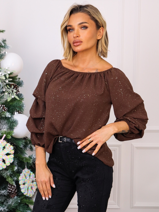 BLUZKA HISZPANKA Z METALICZNYM WZOREM- CZEKOLADOWA