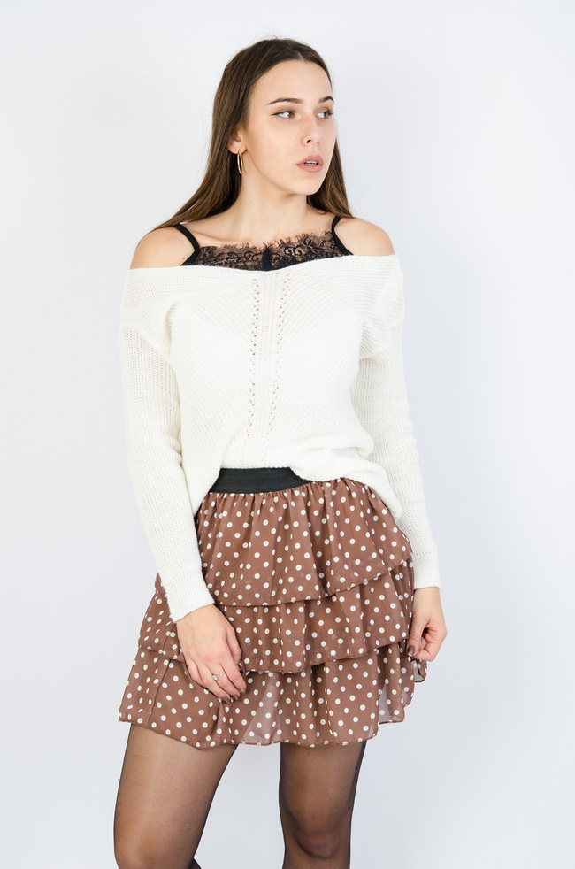 KREMOWY DŁUGI SWETER Z KORONKĄ