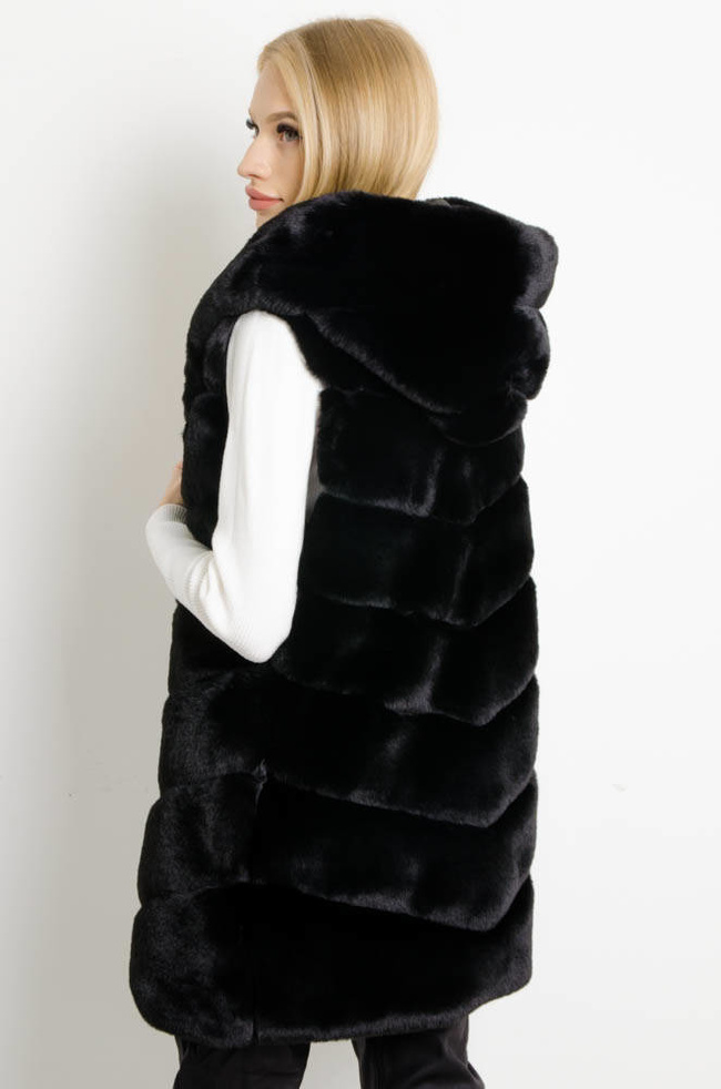 CZARNA FUTRZANA KAMIZELKA Z KAPTUREM (M-XXL)