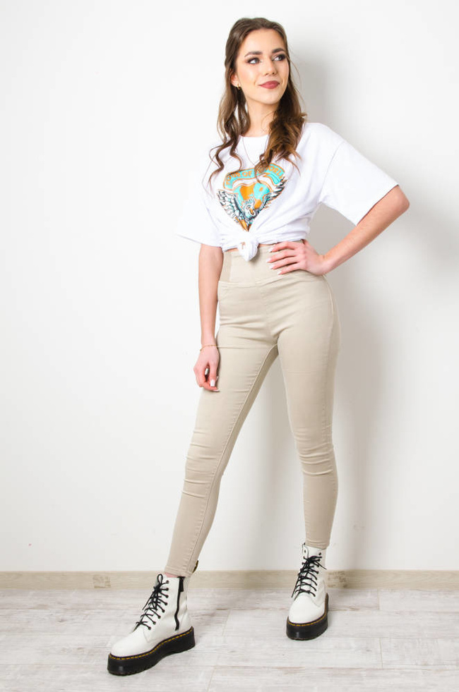 SPODNIE JEGGINSY Z GUMĄ W PASIE - WYSOKI STAN- POLECANE DLA WYSOKICH OSÓB- BEŻOWE