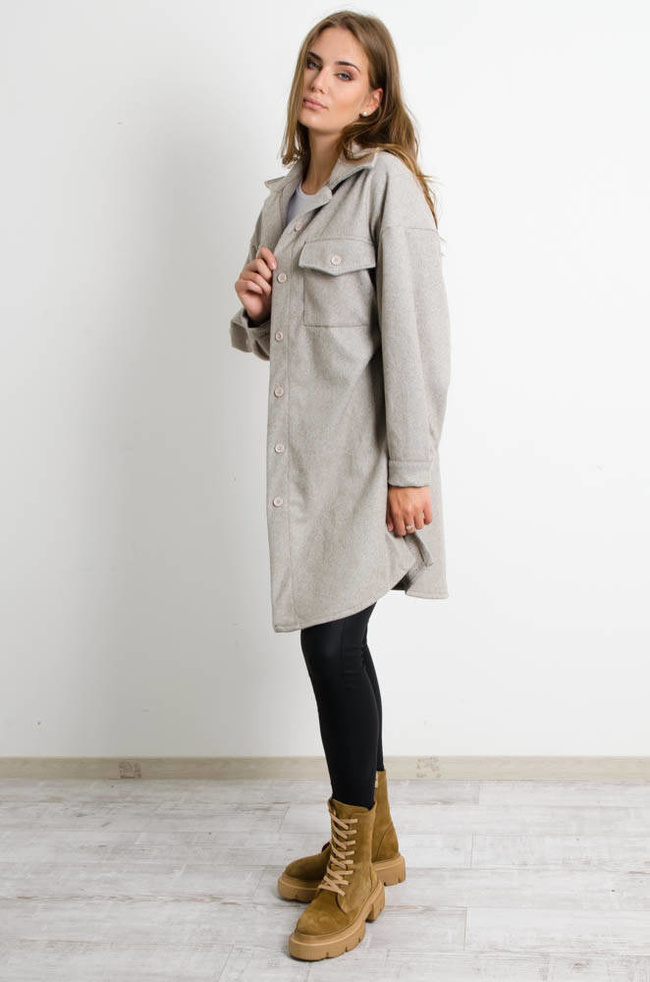 SZARY DŁUGI PŁASZCZ KOSZULOWY