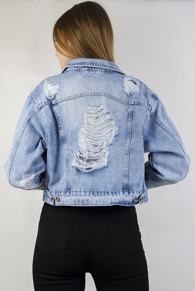 Jasna krótka kurtka jeansowa z dziurami