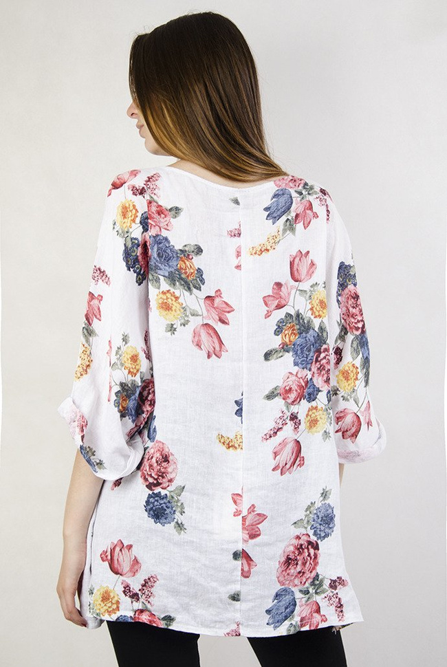 Biała bluzka z lnu, w kwiaty
