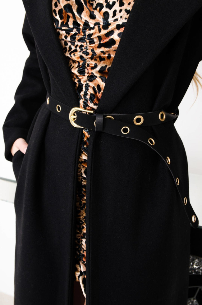 CZARNY DŁUGI PŁASZCZ Z PASKIEM