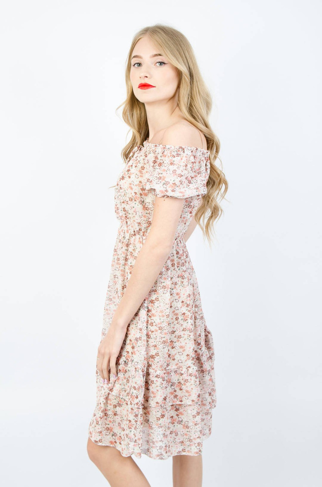 BEŻOWA SUKIENKA HISZPANKA Z KWIATOWYM WZOREM 