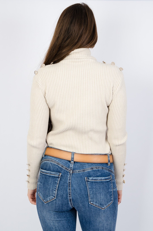 BEŻOWY PRĄŻKOWANY SWETER Z GOLFEM